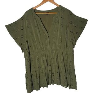 Torrid Babydoll Eyelet Tiered Top Plus Size 4 4X Green Short Sleeve BOHO Cottage
